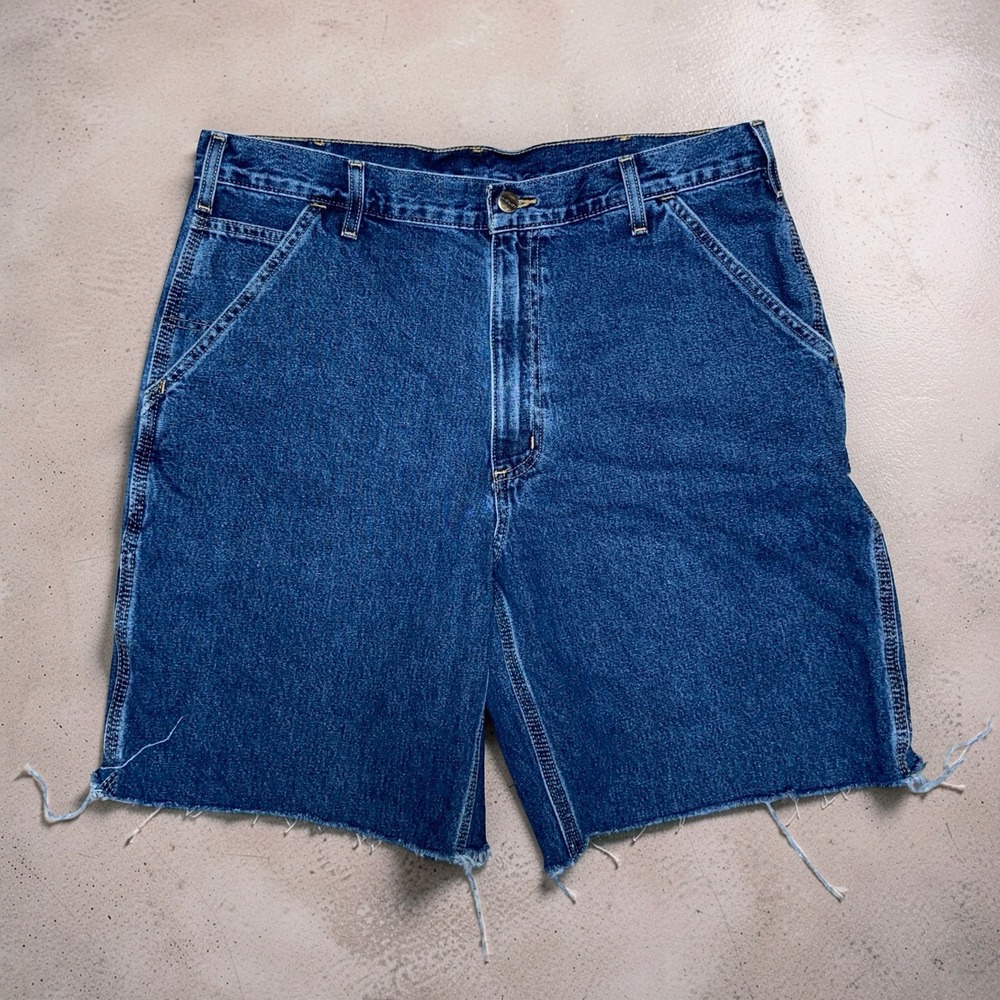Carhartt Men's 36 Blue Denim Cutoff Carpenter Shorts Distressed B13 DPS